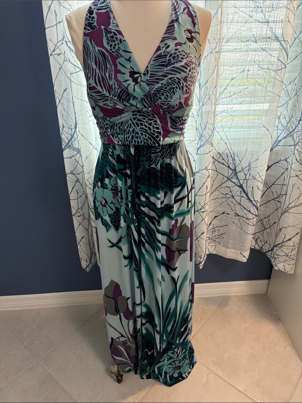 Soma V-Neck SleevelessFloral Print Maxi Halter Dress in Teal and Purple